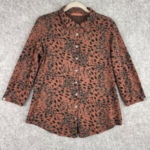 Cut Loose Top Womens Medium Brown Animal Print Button Up 3/4 Sleeve Knit Stretch